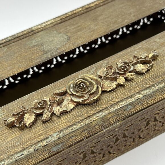Vtg Metal Gold Brass ROSE Tissue Box Cover Holder HOLLYWOOD REGENCY MCM Glam - Picture 3 of 7